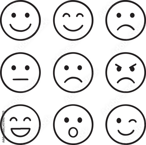 A comprehensive collection of diverse minimalist line art emoticons and emoji expressions representing a wide spectrum of human emotions. isolated on white background, Vector, illustration