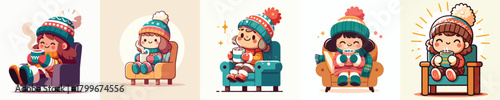 vector of a little girl sitting drinking warm coffee in the snow
