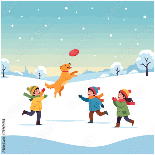 Children and a dog joyfully playing frisbee in a snowy winter park with falling snowflakes.