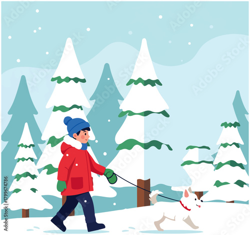 A person in a red jacket and blue hat walks a white dog on a leash through a snowy forest with evergreen trees.