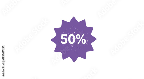 Purple starburst badge with 50 off illustration sale promotion isolated on white background