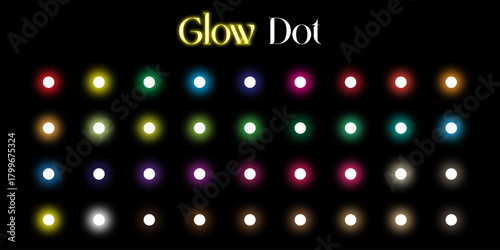 Collection of colorful glowing circles, glowing dot