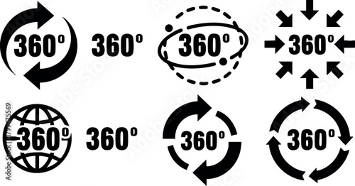 360 degree icons set with rotation arrows and globe symbols for full circular movement and direction indication vector illustration