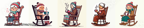 vector of a grandma sitting drinking warm coffee in the snow