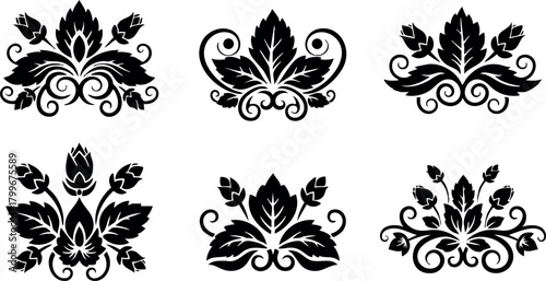 Decorative floral vector elements with black leaf motifs for elegant design and ornamental patterns in graphic projects
