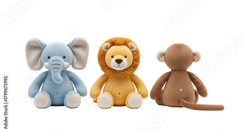 Photography Isolated toys featuring an elephant, lion, and monkey in stuffed animal design,