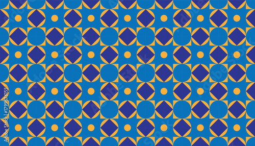 A seamless geometric pattern featuring repeating oval and diamond shapes arranged in a precise grid. The bold blue background, accented with gold and deep purple elements