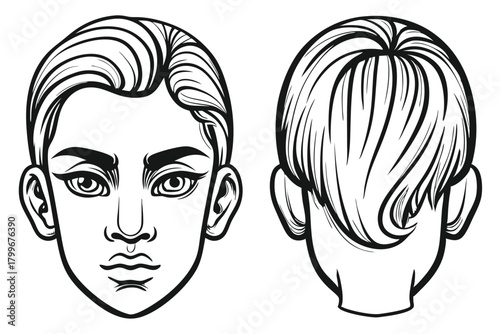 Isolated monochrome outline shows the front and back hairstyle of a young man