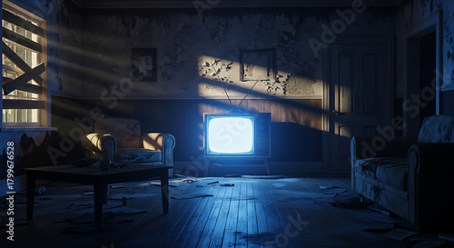 An eerie, abandoned room with a glowing old television and sunlight streaming through a boarded-up window, creating a desolate and mysterious atmosphere.