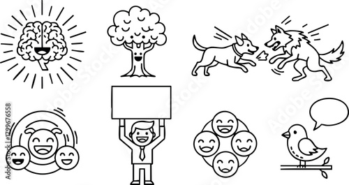 Hand-drawn vector icons of sun brain, tree, dogs, happy faces, protester, and bird with speech bubble in black line art