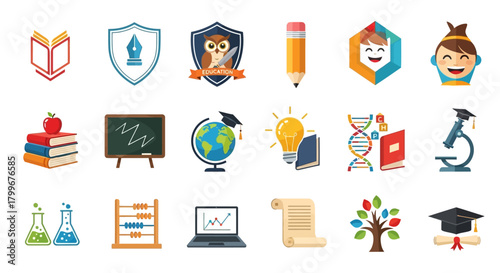 A collection of educational icons, including books, students, science tools, and symbols