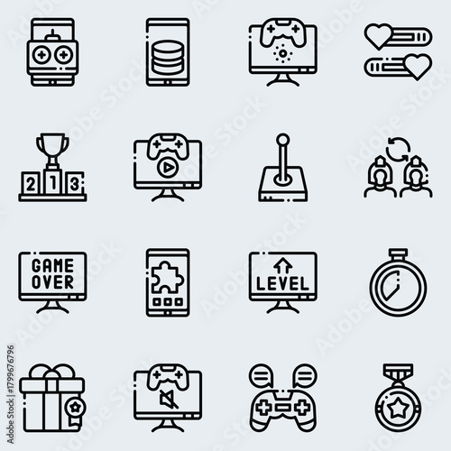 Set of gaming icons for digital applications and interfaces, representing achievements, gameplay, and competition