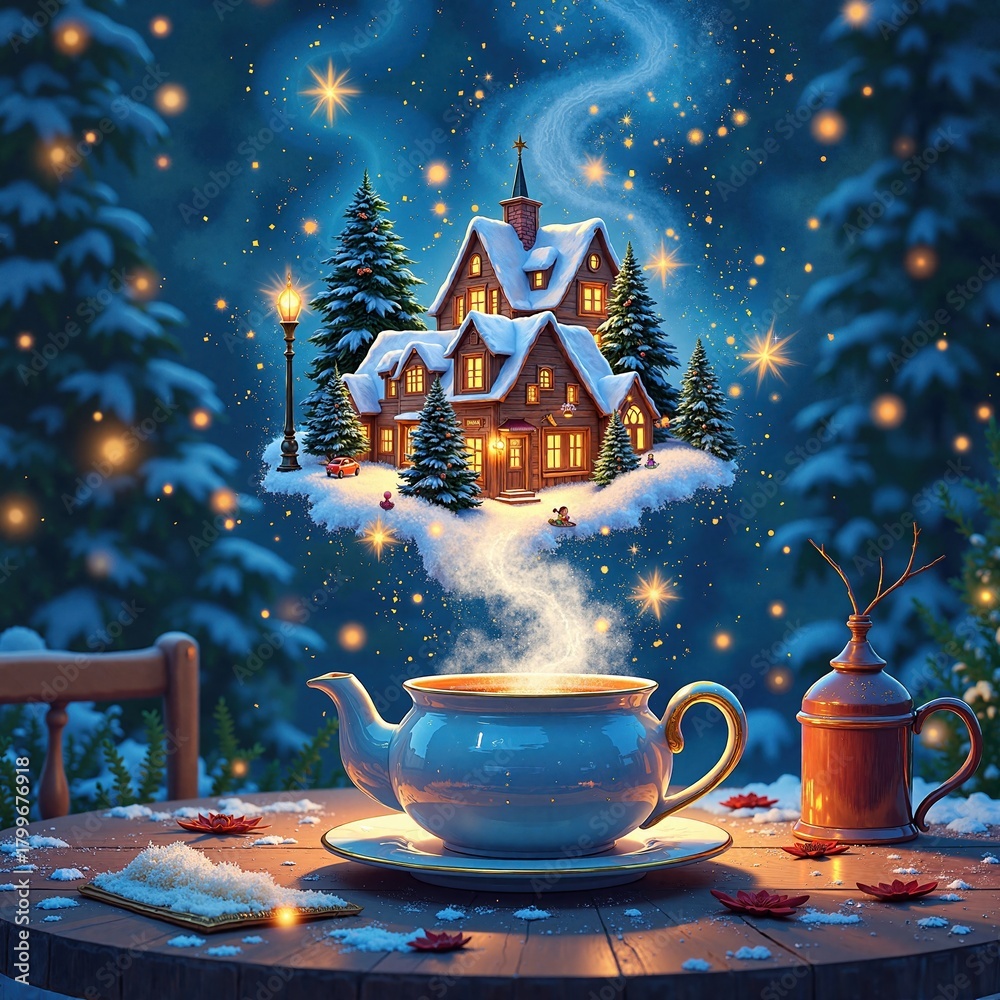 Fototapeta premium Steam rising from a teapot transforms into a fairy-tale cottage in a magical winter forest