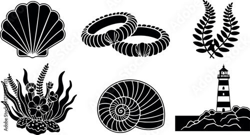 Marine life themed vector set with seashells seaweed coral lighthouse and marine elements for design projects