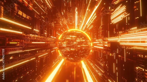 Fototapeta Naklejka Na Ścianę i Meble -  Futuristic sphere generating orange neon light inside cyber tunnel