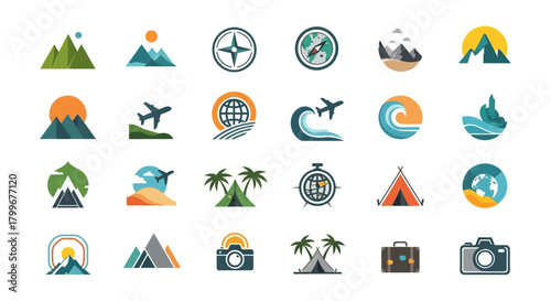 A grid of 25 colorful, flat design icons representing various travel and nature themes