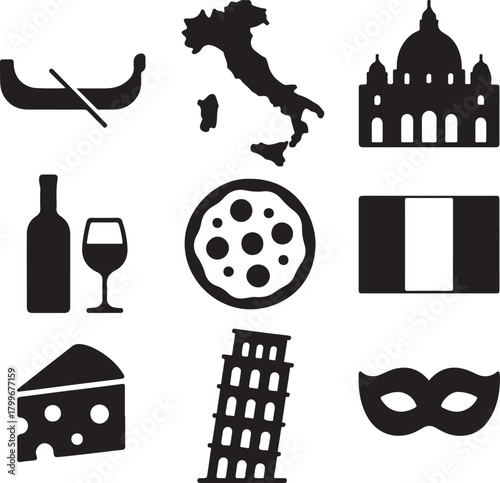A comprehensive vector icon set showcasing diverse italian culture, travel, and culinary elements, including landmarks, food, and traditions artwork. isolated on white background, Vector, illustration