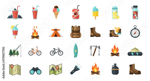 A grid of colorful flat-style icons representing outdoor activities, camping, and drinks