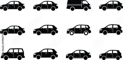 Automobile vehicle car silhouette transport icons in black and white style