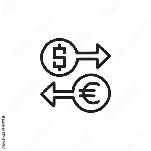 A simple line drawing of a dollar and euro exchange with arrows indicating the direction of exchange