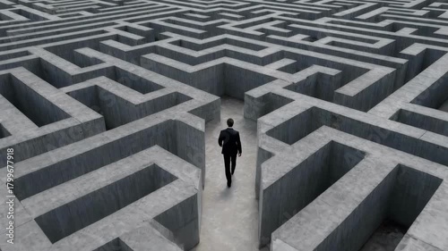 Aerial view of a businessman entering a vast maze. The challenge of finding a solution and making choices. Corporate strategy and career journey concept
