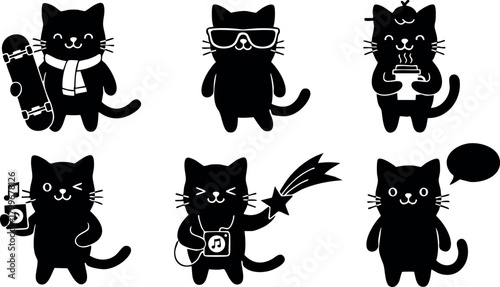 Six black cartoon cats with different accessories and expressions in vector style for playful design and creative projects