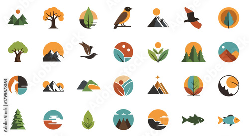 Flat design nature icons featuring mountains, trees, birds, fish, and leaves