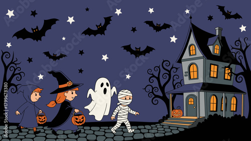 Halloween Night: Cartoon Kids Trick-or-Treating at a Spooky House with Bats and Stars. Festive spooky illustration.