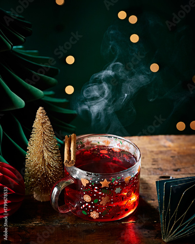 Hot Festive Christmas Drink with Cinnamon in Holiday Mug