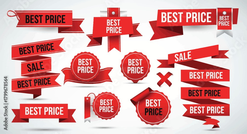 Set of red sale banners and ribbons promotional elements marketing campaigns isolated on white background