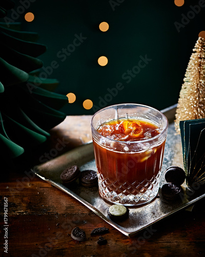 Festive Holiday Cocktail with Ice on Decorative Tray