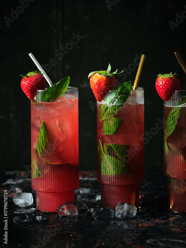 Fresh Strawberry Cocktails with Basil and Ice in Tall Glasses