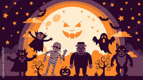 Classic Cartoon Halloween Monsters Gathering Under Spooky Jack-o'-Lantern Moon with Bats and Pumpkins