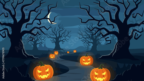 Spooky Halloween Night Path with Glowing Jack-o'-Lanterns and Eerie Bare Trees under a Crescent Moon