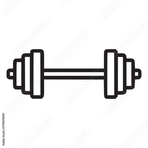 A simple black outline drawing of a dumbbell with weights on a white background in a vector style