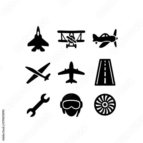 Collection of aviation icons featuring aircraft and tools