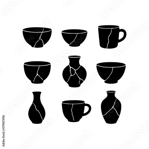 Collection of black kintsugi ceramic vessels and cups