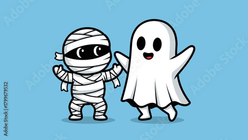 Adorable Cartoon Mummy and Friendly Ghost Characters for Halloween on Blue Background