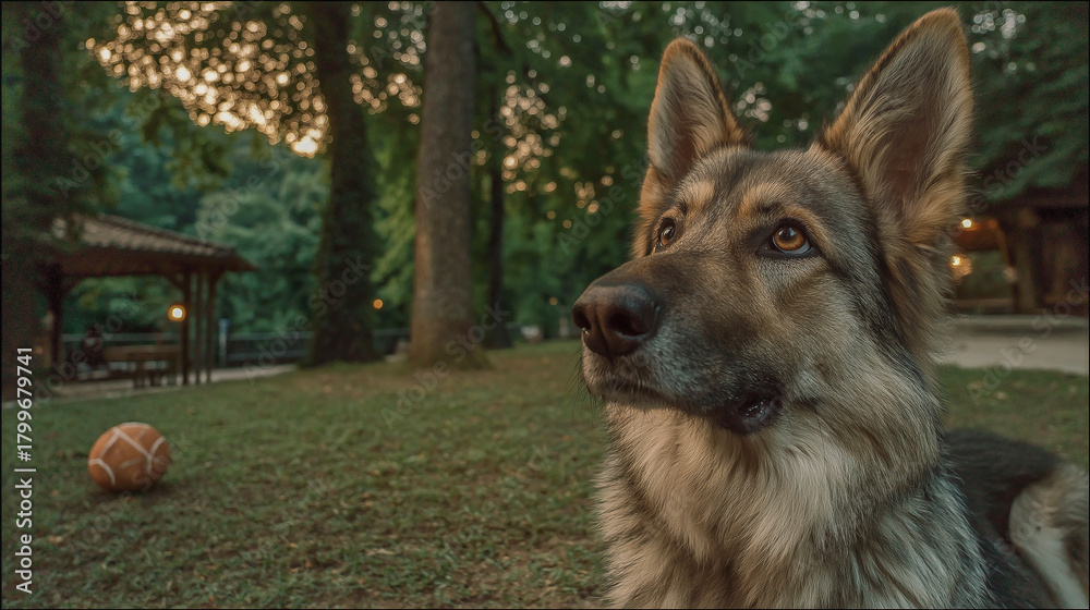 Naklejka premium German Shepherd Dog in Park at Sunset with Basketball on Grass