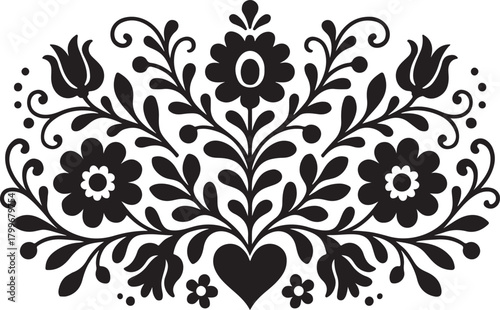 Traditional folk art floral pattern with symmetrical design featuring blooming flowers, delicate leaves, scrolling vines, and a central heart isolated on white background, Vector, illustration