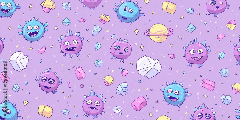 Playful cartoon monsters seamless pattern on pastel purple background with geometric shapes and planet Whimsical vector illustration for kids, textile, and design