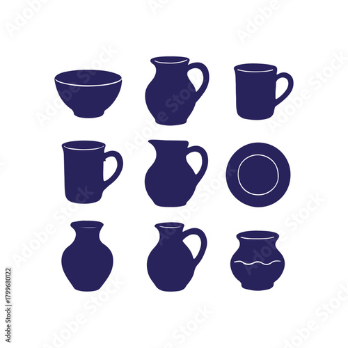Collection of dark blue ceramic kitchenware and tableware items