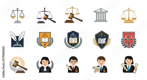 Collection of flat design icons representing law, justice, legal professionals, and symbols