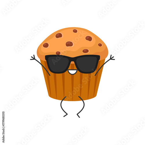 Muffin cute cartoon character jumps, sweet baked goods, pastry, smile face kawaii joy happy emotions icon vector illustration.