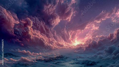 Dreamy Sunset Over Horizon with Majestic Cloudscape in Soft Pink