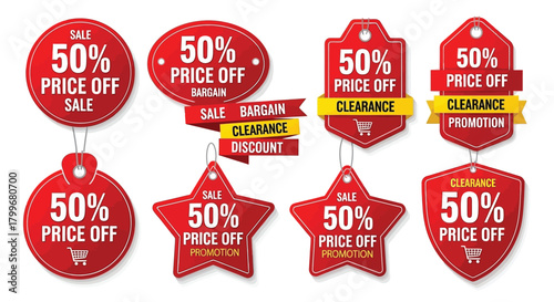 Set of red sale tags and labels offering 50 price off retail promotions and clearance events