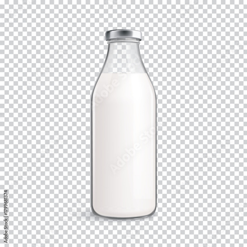 A pristine clear glass bottle brimming with fresh white milk elegantly sealed with a gleaming silver cap presented on a completely transparent background for versatile design applications
