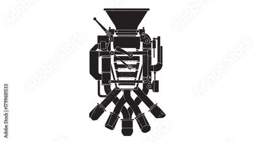 Intricate industrial machinery silhouette, complex engineering design with multiple pipes and levers, representing advanced manufacturing and process flow, perfect for technical or industry concepts.
