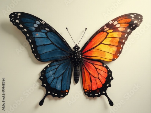 A vibrant butterfly perched on a wall, ready to be admired