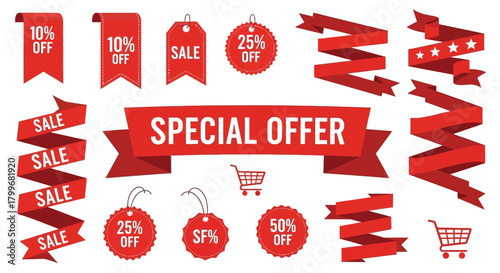 Set of red sale ribbons and tags special offer elements marketing campaigns isolated on white background